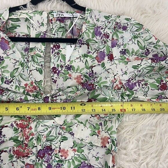 ZARA NWT Ivory Cream Floral Tiered Midi Dress Botanical Front Knot Size Small - Picture 5 of 12